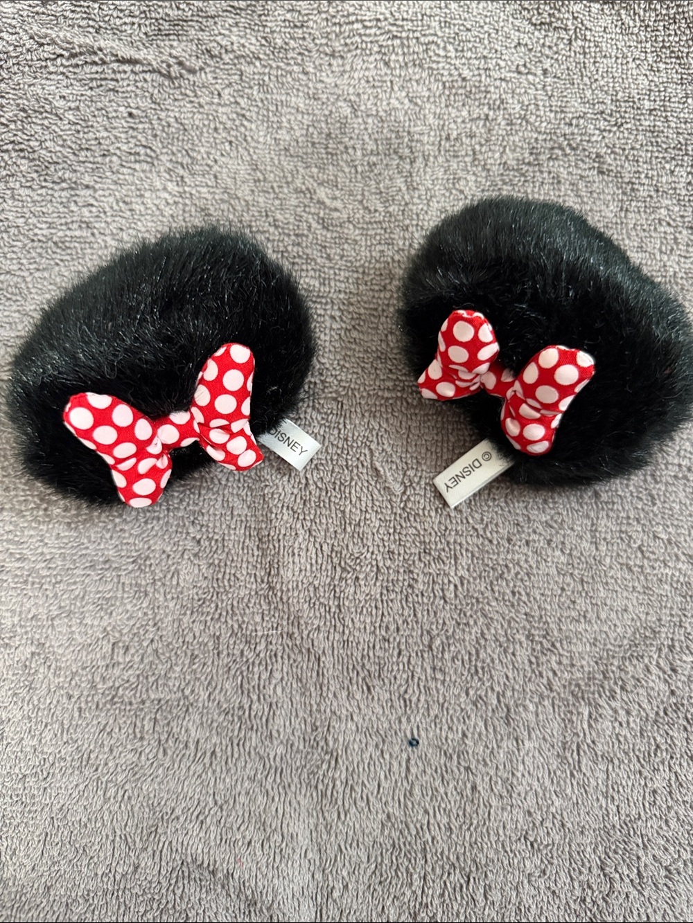 Disney Minnie Black Faux Fur Hair clip Poms with Red Polka Dot Bows